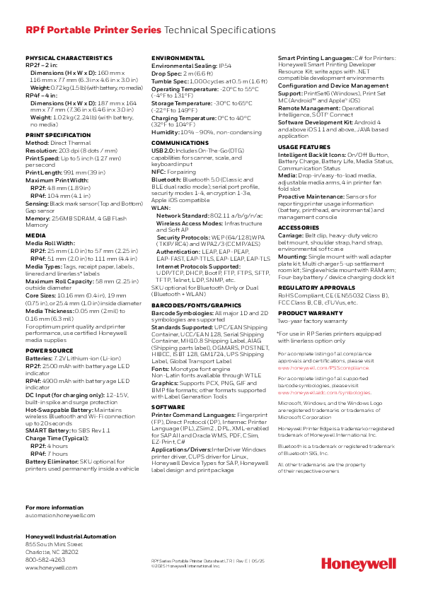 เครื่องพิมพ์แบบพกพา Honeywell RP4F - รูปที่ 2
