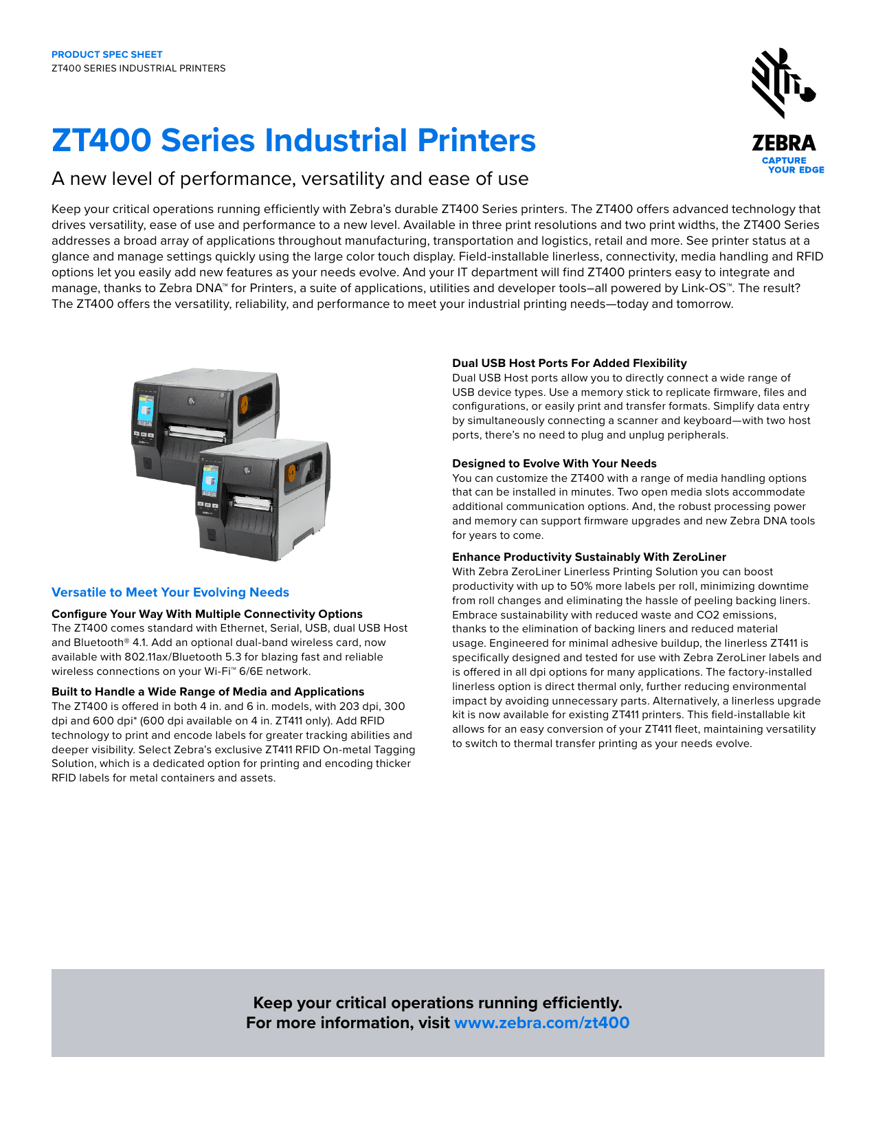 ZT400 SERIES INDUSTRIAL PRINTERS